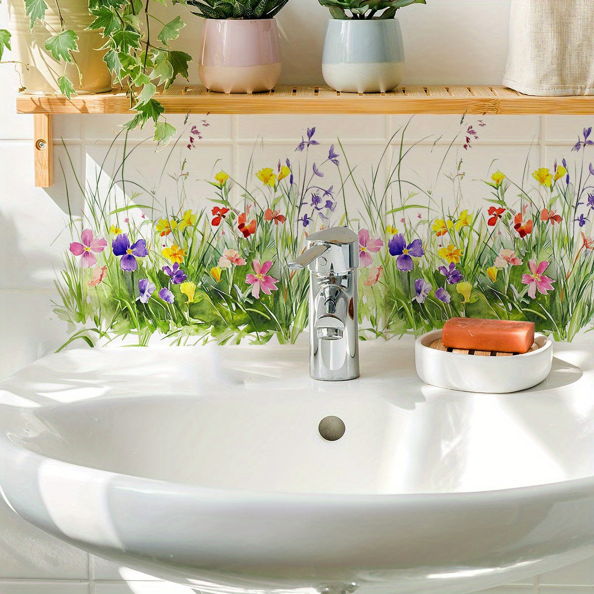 Calcomanía floral minimalista para tapa de inodoro - Decoración elegante para baño, adhesivo plástico autoadhesivo con diseño de flores silvestres vibrantes, acabado mate, perfecto para decorar hogares y baños públicos