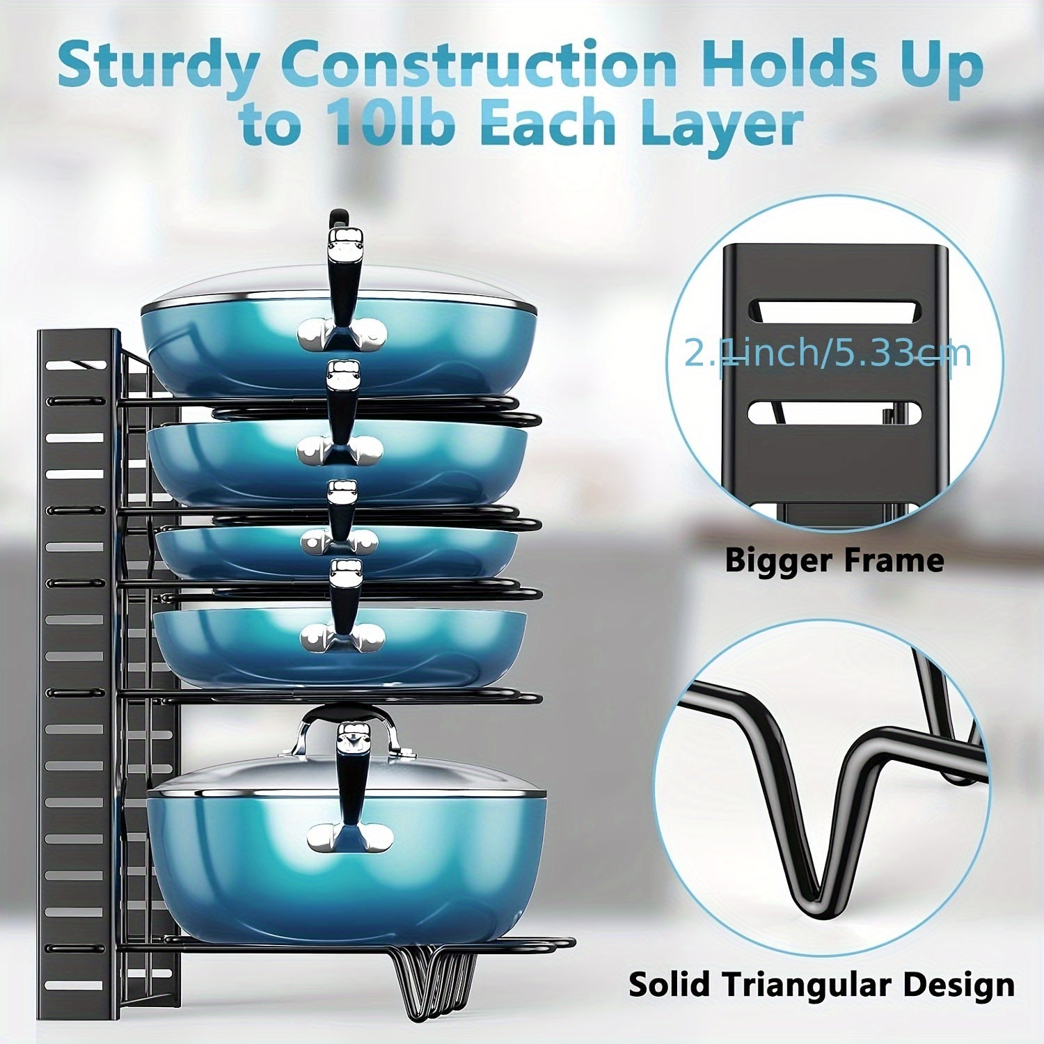 Organizador de ollas y sartenes de metal resistente de 8 niveles, antideslizante y resistente al óxido, diseño de pie para ahorrar espacio, ideal para cocinas en hogares y restaurantes, accesorio moderno y duradero para almacenamiento
