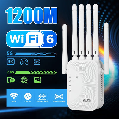 Repetidor de señal de Wi-Fi, mejorador de red doméstica, compatible con el sistema WIFI6 - Doble banda de alta velocidad, compatible con 2,4 GHz y 5 GHz, enchufa y juega, sistema de 6 antenas, cobertura estable para toda la familia, expansión de WiFi fác