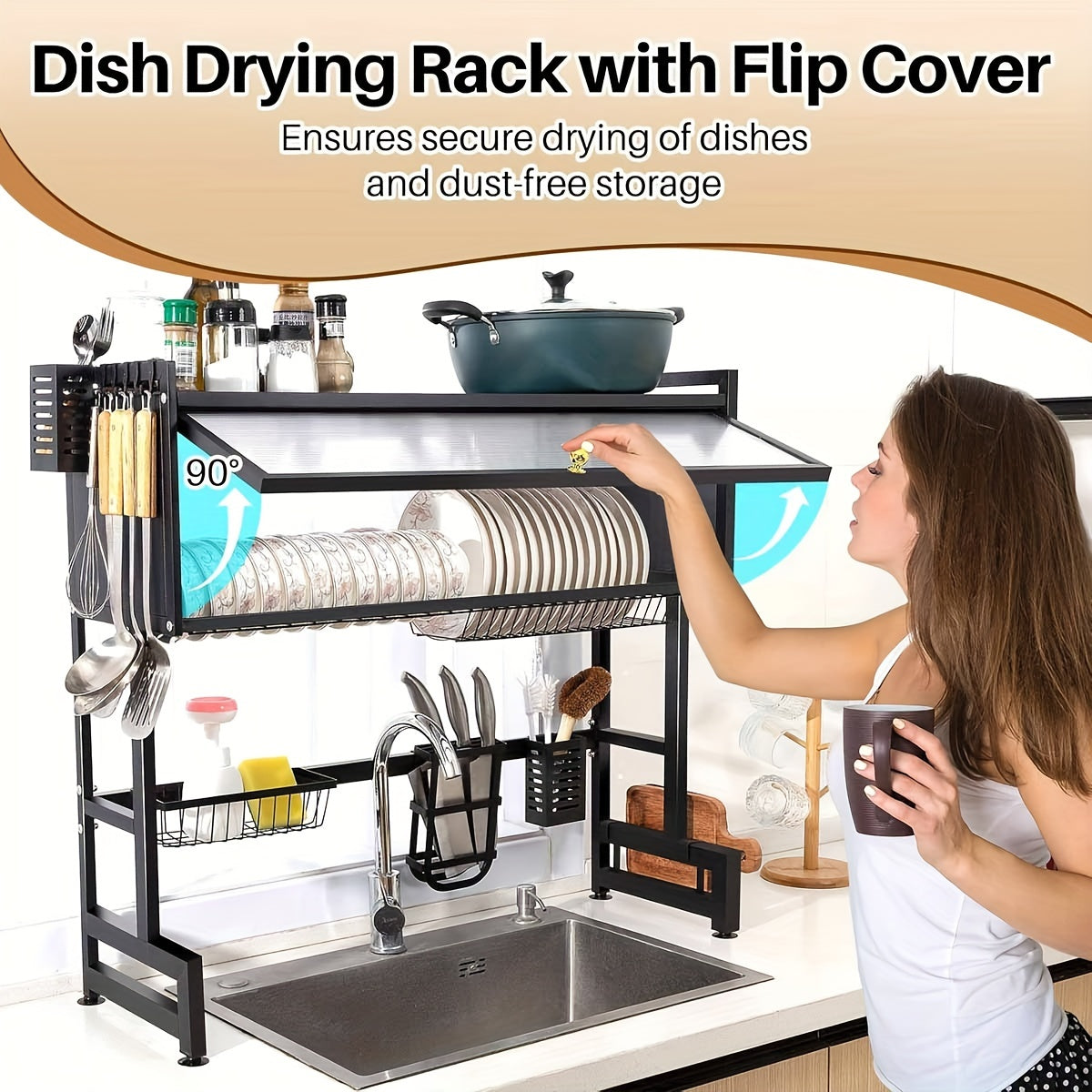 [Escurridor Moderno de Metal] Escurridor de Platos Moderno de Metal 1ud de Doble Capa Sobre Fregadero - Almacenamiento Multifuncional, Tapa Abatible, Soporte para Utensilios, Organizador de Cocina Negro (25.59"L x 11.02"W x 31.88"H)