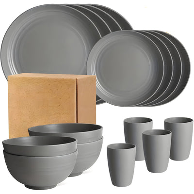 Juego de vajilla de plástico de 16 piezas - Incluye platos, tazones, tazas y platillos - Ideal para camping, picnics, reuniones familiares, autocaravanas, fiestas y residencias universitarias