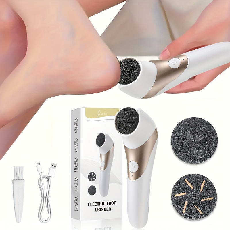 Fila de pies eléctrica - Conjunto profesional de eliminación de pies - Kit de herramientas de pedicura, recargable por USB - Ajuste de múltiples velocidades - Incluye 4 cabezales de pulido, adecuado para pies gruesos de color beige claro, pies suaves, pe