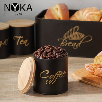 Juego de cuatro tarros para pan, azúcar y café con anillos selladores y tapas de bambú. Tapa de bambú utilizable como tabla de cortar y lavable - Ideal para Navidad/Pascua/picnics al aire libre