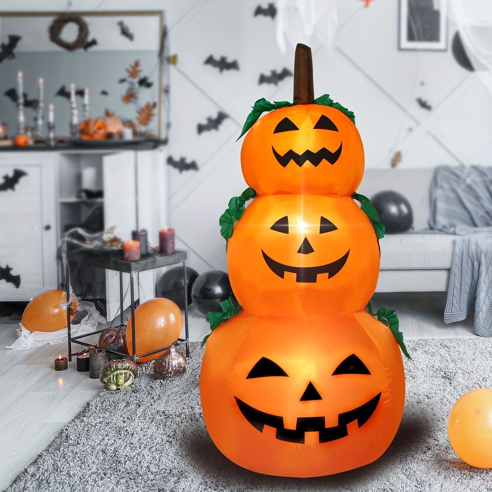 1pc, Calabazas inflables de Halloween de 3 pisos con luces integradas, decoración de escena, decoración de habitación, decoración de hogar, decoración de fiesta de vacaciones, decoración de Halloween IPX4 a prueba de agua