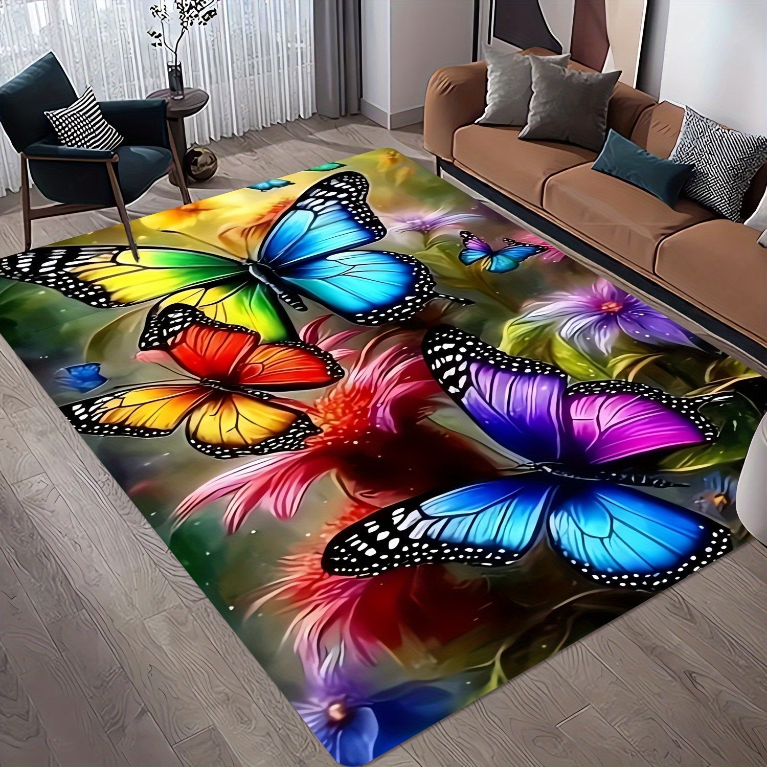 Una alfombra de diseño de mariposa de un solo color elegante, suave y cómoda, lavable en máquina, hecha de poliéster, adecuada para salones, dormitorios, estudios y salas de juegos - La decoración de habitación perfecta.