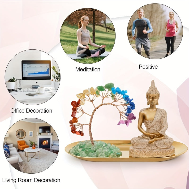 Árbol de cristal de chakras y estatua de Buda, set de decoración para yoga y meditación, árbol del dinero y figura de Buda para hogar, sala de estar, oficina o estante, atrae riqueza y buena suerte