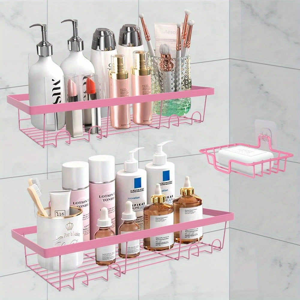 Organizador de Ducha Adhesivo Rosa de 2 Piezas con Ganchos, Acero Inoxidable Anticorrosión, Estante de Almacenamiento Montado en Pared Sin Taladro para Baño y Cocina - Diseño Ahorra-Espacio para Uso Interior de la Ducha, Accesorios de Ducha