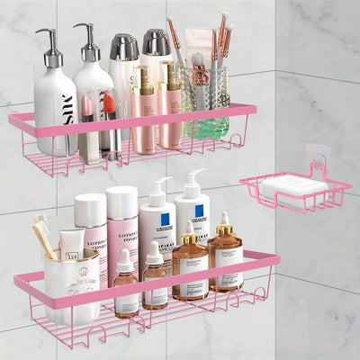 Organizador de Ducha Adhesivo Rosa de 2 Piezas con Ganchos, Acero Inoxidable Anticorrosión, Estante de Almacenamiento Montado en Pared Sin Taladro para Baño y Cocina - Diseño Ahorra-Espacio para Uso Interior de la Ducha, Accesorios de Ducha