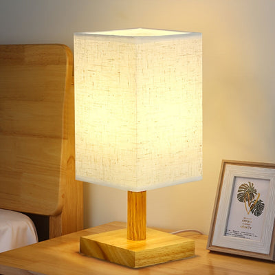 Lámpara de mesa USB moderna geométrica de madera con pantalla de lino - Luz ambiental cálida para sala de estar, dormitorio y decoración de oficina - No se necesitan baterías, idea de regalo de vacaciones y cumpleaños, ambiente de oficina | Lámpara de me