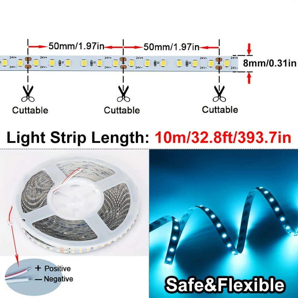 Tiras de Luz LED SMT de 32.8ft/10Metros 24V, 2835 120LED/Metro, Tira de Luces Suaves y Coloridas para Sala de Estar, Estudio, Cocina, Dormitorio, Bar, Decoraciones de Escaleras, Material Plástico, Sin Batería, Alimentado por CC (sin Fuente de Alimentació