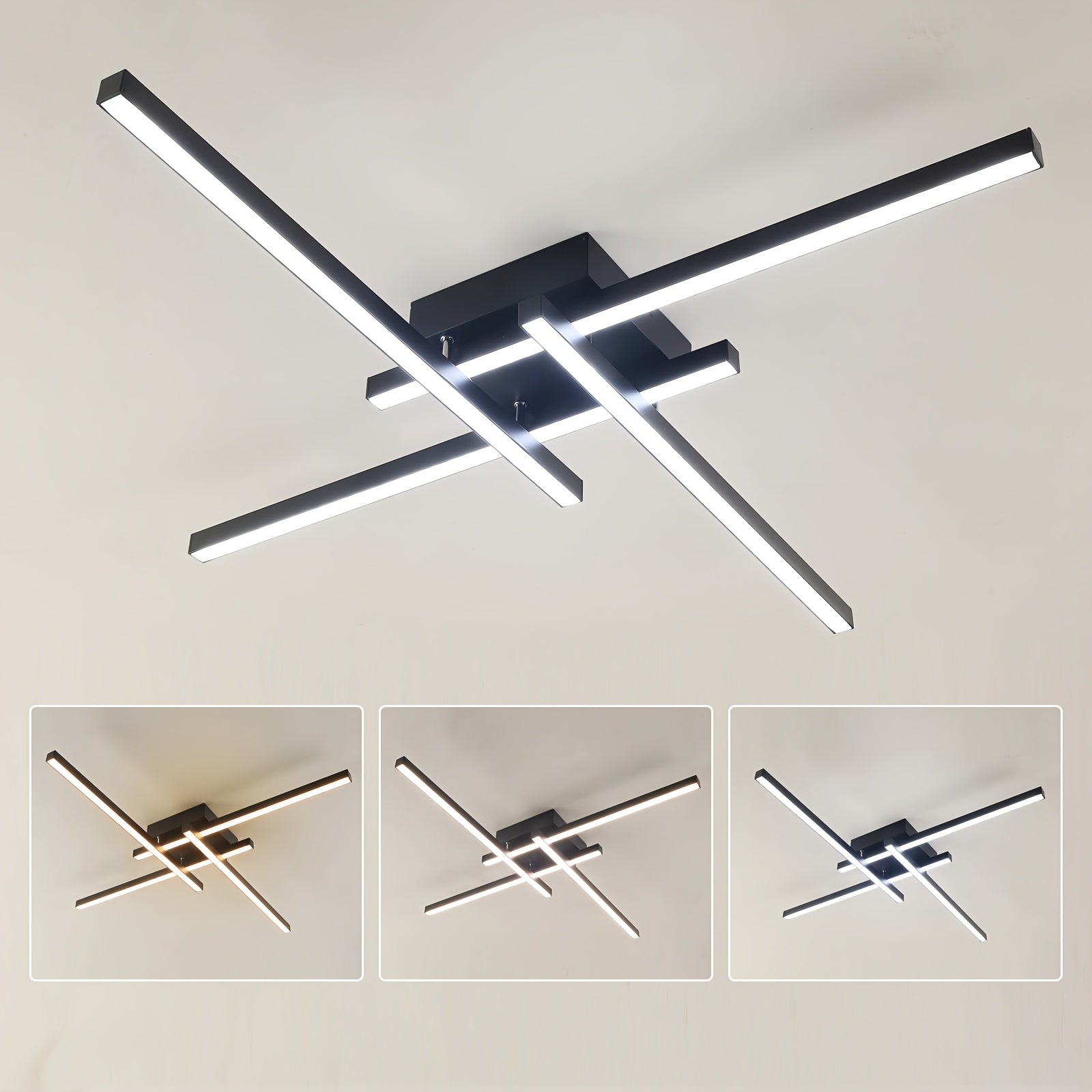 1pc 60.96cm 3-Color 4-Light Plafón de Techo 17w LED Regulable Iluminación de Techo Negro Empotrado Araña Lámpara de Techo para Cocina, Sala de Estar, Dormitorio