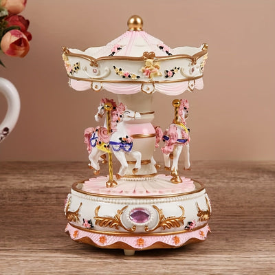 1 Pieza de Elegante Caja de Música Carrusel con Manivela - Decoración para el Hogar en Resina con Diseño Floral, Toques Rosados y Dorados y Detalles de Piedras Preciosas, Ideal para Sala u Oficina, Estética Decorativa