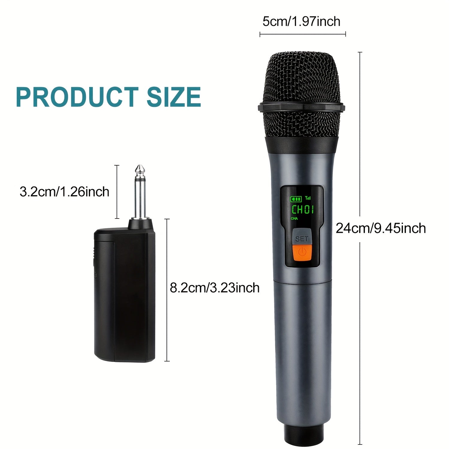 Sistema de micrófono inalámbrico Heikuding E02, color gris, con batería recargable, tecnología inalámbrica 2.4GHz, pantalla LCD, funciones de silencio y bloqueo, carga USB-C, incluye filtro antipop y pantalla antiviento, ideal para podcasting, grabación
