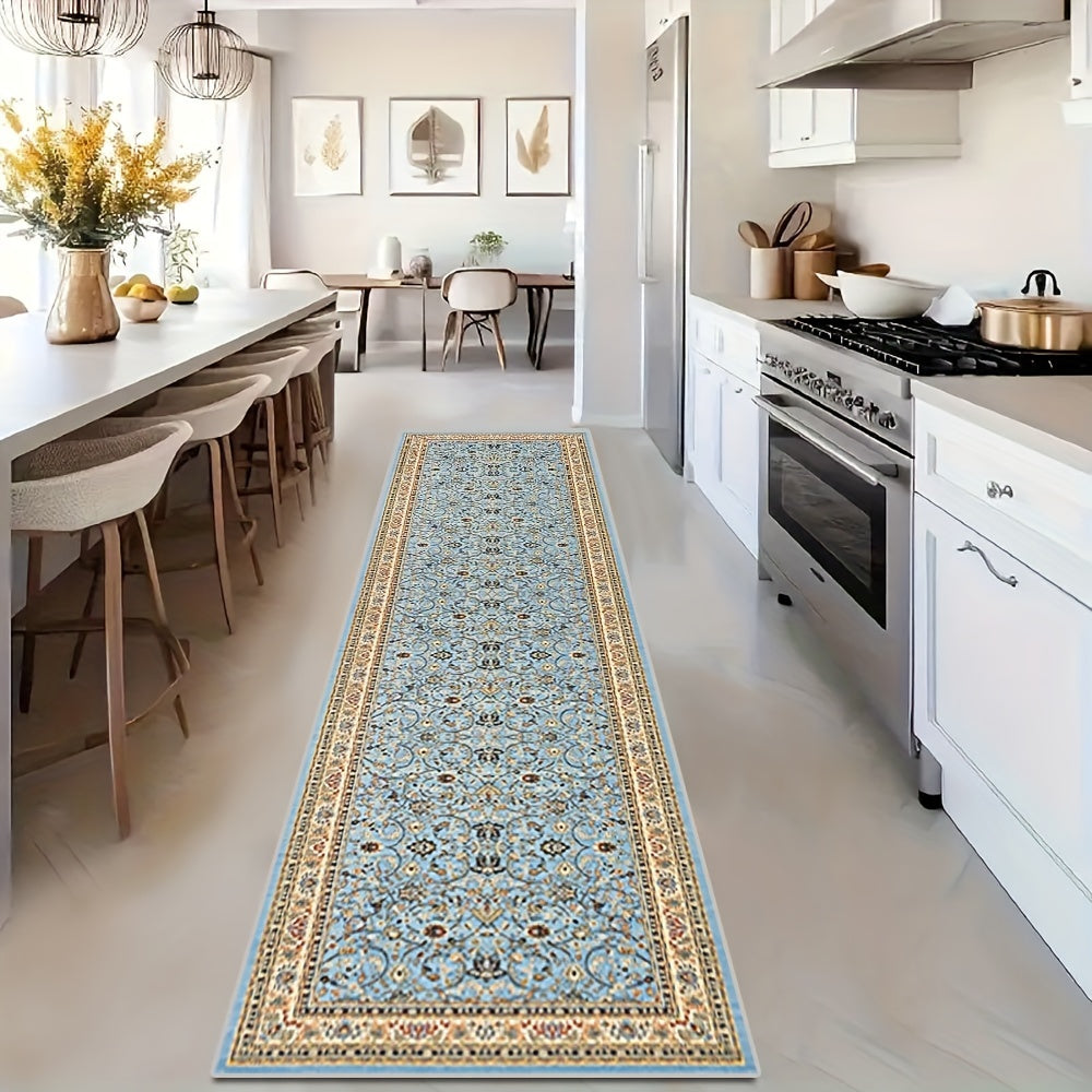 1pieza Alfombra de corredor de estilo persa elegante - Patrón floral azul vibrante y dorado, poliéster lavable a máquina, ideal para entradas de hoteles, cocinas de hogar, patios al aire libre y patios de jardín, decoración de jardín | Corredor vibrante