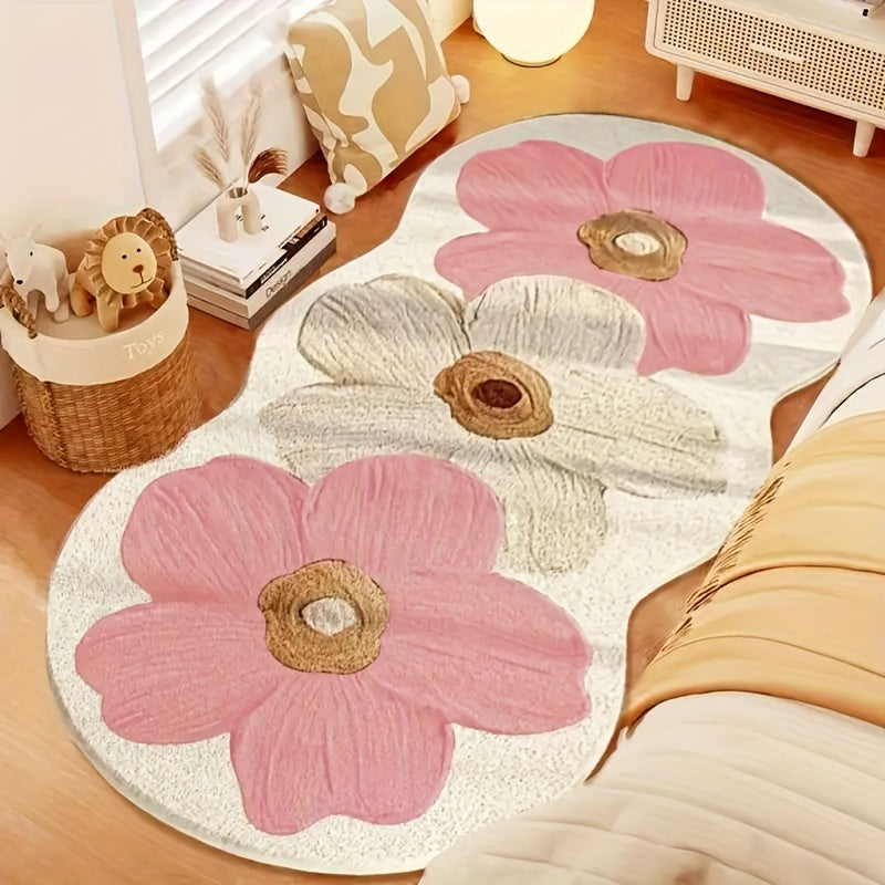 1pc Alfombra Floral para Dormitorio - Alfombrilla Antideslizante con Patrón de Flores Rosa/Beige, Base de PVC para Sala de Estar, Guardería - Fácil de Limpiar, Decorativa para el Hogar, Suelo Cómodo en la Habitación, Fibra de Poliéster, Duradera y Elegan