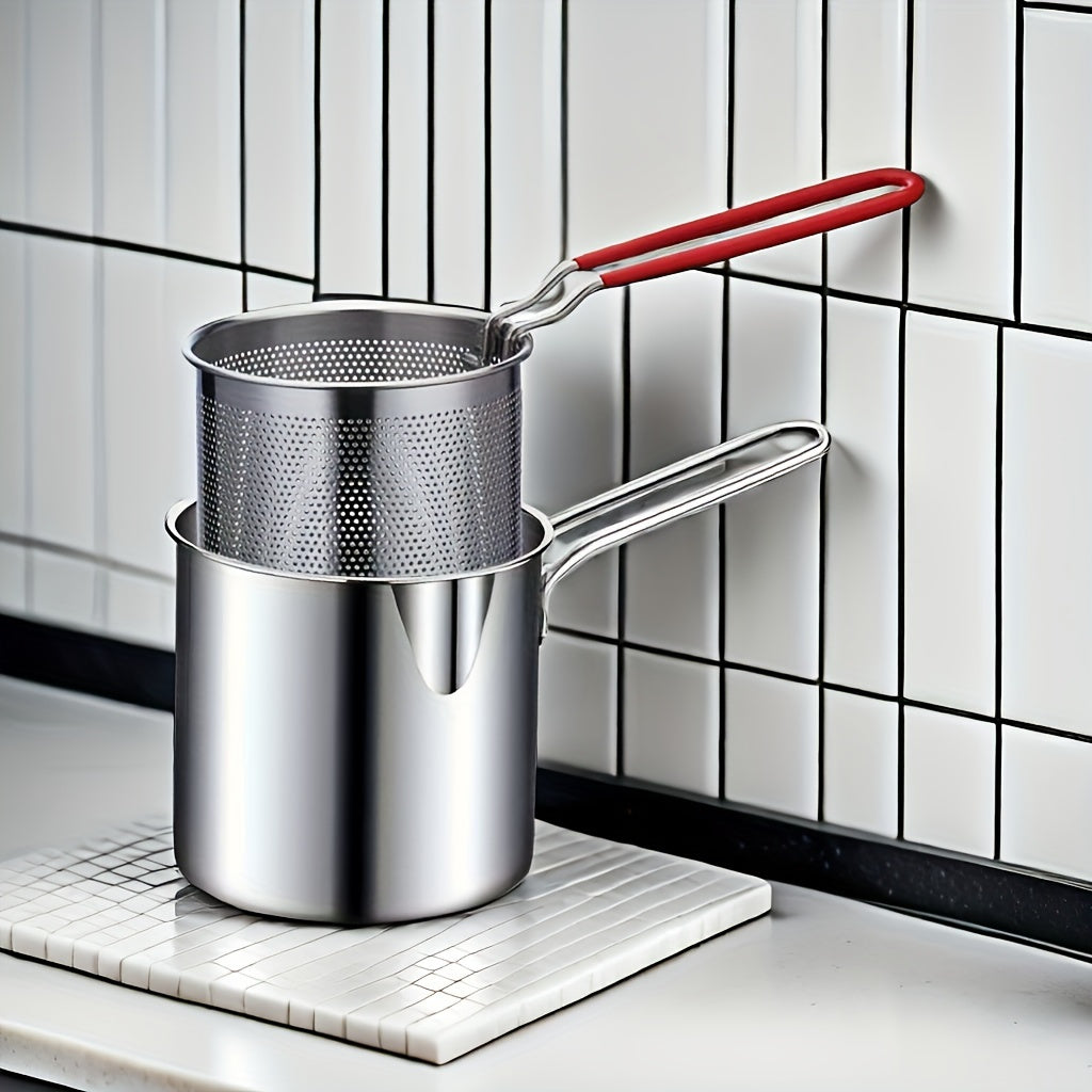DYFDYF 1.2L Mini Freidora Profunda de Acero Inoxidable con Recubrimiento Antideslizante y Malla de Filtro - Compatible con Estufas de Gas, Diseño Ahorrador de Aceite para Freír Huevos, Pollo, Verduras - Electrodoméstico Compacto para Cocina, Freidora Pro
