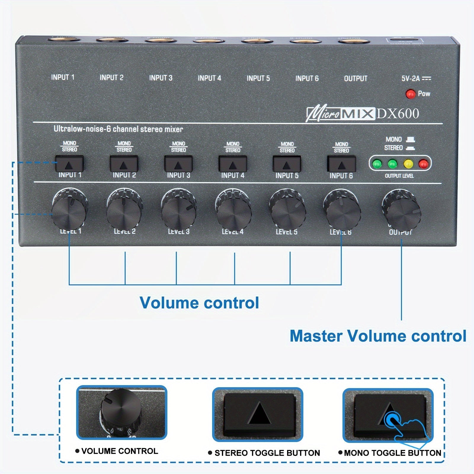Mezclador de Audio de 6 Canales con Entrada y Salida Estéreo, Carga USB, Voltaje de Operación ≤36V, Negro - Ideal para Mezcla de Guitarra, Bajo, Teclado, Actuaciones En Vivo, Grabación de Estudio, Mezclador Musical