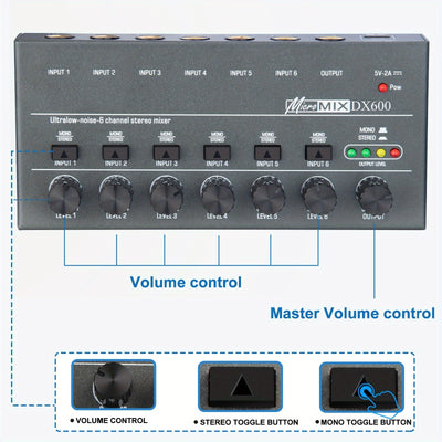 Mezclador de Audio de 6 Canales con Entrada y Salida Estéreo, Carga USB, Voltaje de Operación ≤36V, Negro - Ideal para Mezcla de Guitarra, Bajo, Teclado, Actuaciones En Vivo, Grabación de Estudio, Mezclador Musical