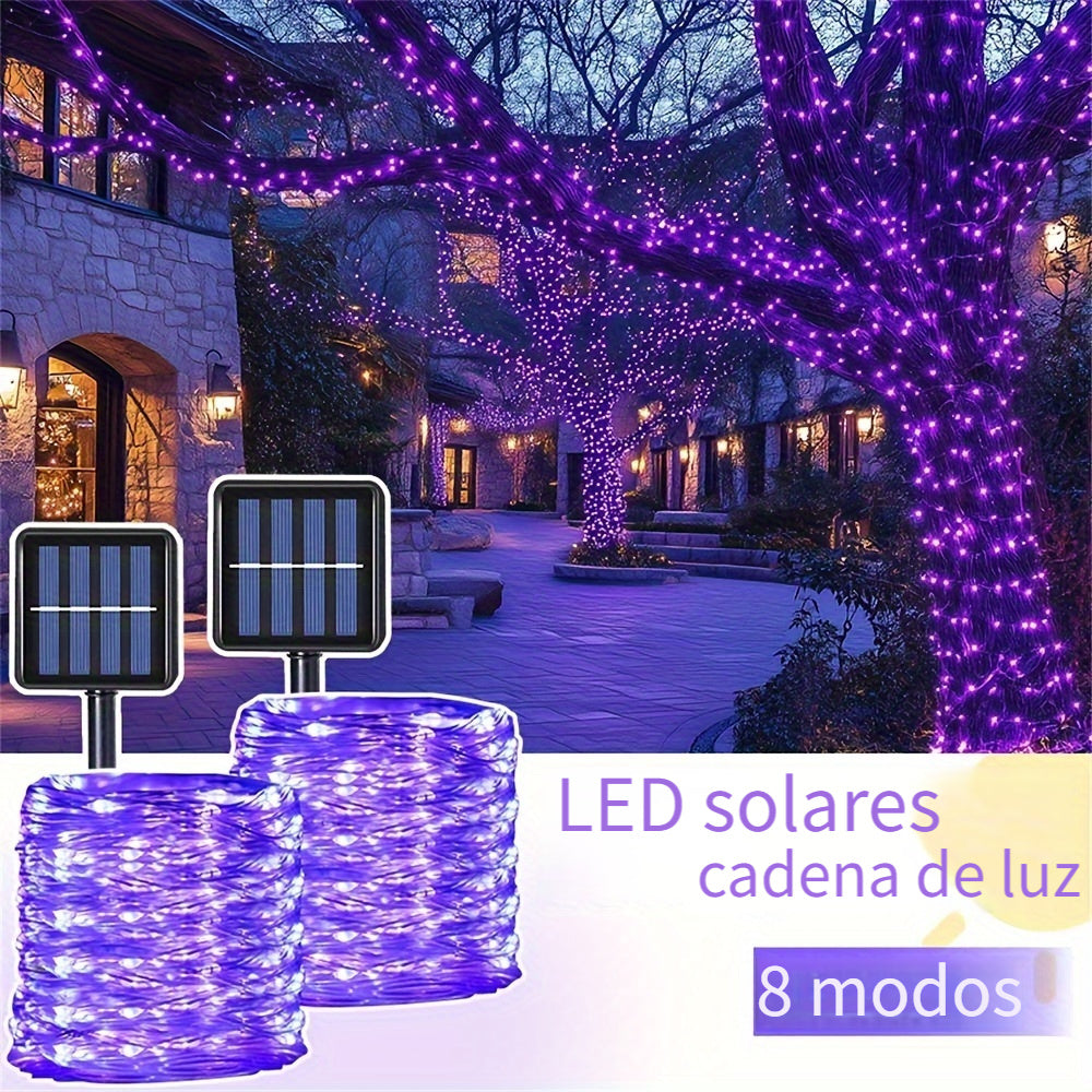 1 Paquete de Luces de Cuerda LED Solares para Exterior, Impermeable IP65, 8 Modos, Luces de Hadas Moradas para Árbol, Jardín, Navidad, Halloween, Día de Acción de Gracias, Día de San Valentín, Decoraciones de Bodas - Energizado por Energía Solar, Batería