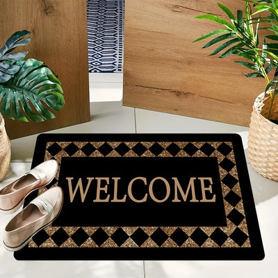1 pieza de "BIENVENIDO" alfombra de pana - Poliéster antideslizante, ligero, patrón de cuadros negro y dorado, perfecto para decoración del hogar, alfombra de bienvenida para la entrada | Alfombra de patrón de cuadros | Alfombra de fibra de poliéster, al