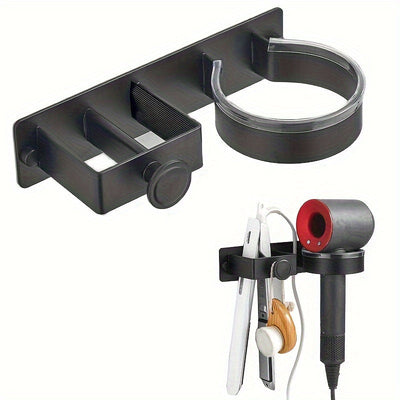 Soporte de pared para secador de pelo con ganchos para accesorios - Organizador de almacenamiento para baño para secador de pelo, plancha, rizador - Estante sin taladrar, que ahorra espacio para toallas, joyas - Soporte duradero no eléctrico