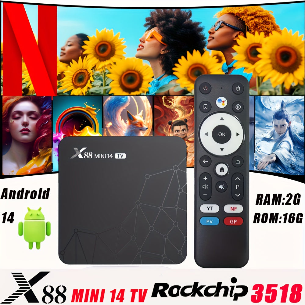 88MINI 14 TV Android 14 Caja de TV | Decodificación 4K@60Hz HDR 8K | RK3518 Quad Core + Mali GPU | 2GB RAM+16GB ROM, Enchufe US | WiFi Dual Band 6 y BT 5.0 | Expandible a 64GB | HD 2.0b | Control Remoto Infrarrojo Multilingüe con Voz | Portátil para Hoga