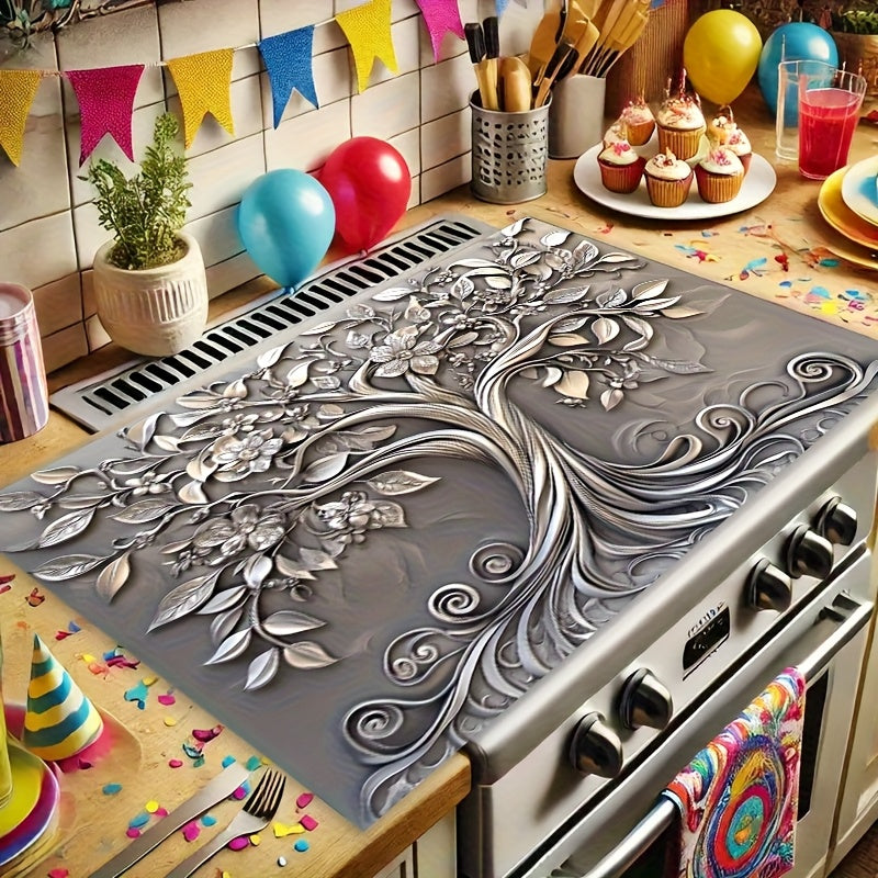 1 pieza de guardavidas de horno con diseño de árbol de plata elegante - Resistente al calor, antideslizante, sin rayones, fácil de limpiar, 28,3 x 20,4 pulgadas, perfecto para cocina, lavadora, secadora y protección de panel de horno, decoración de cocin