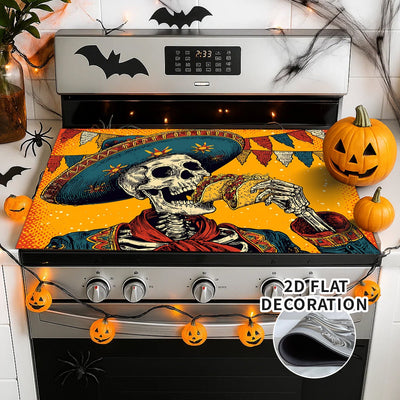 1pc Decoración de Estufa para Halloween - Esqueleto Mexicano, Revestimiento Antideslizante de Goma, Cubierta Plana Fácil de Instalar para Cocinas Eléctricas/Gas - Protector de Electrodomésticos y Decoración Festiva, Pieza Duradera en 2D