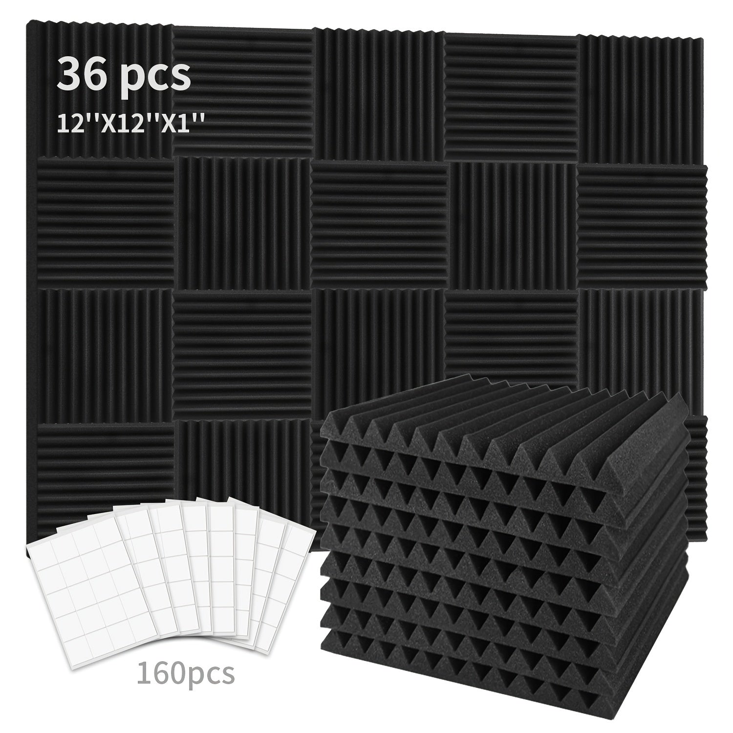 Juego de 36 Paneles de Espuma Acústica para Estudio - Cuñas Incombustibles para Aislamiento Acústico con Adhesivo Doble Cara, Ideales para Hogar, Oficina y Espacios de Grabación - 1" x 12" x 12