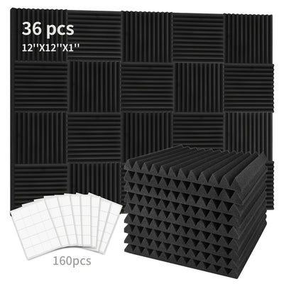 Juego de 36 Paneles de Espuma Acústica para Estudio - Cuñas Incombustibles para Aislamiento Acústico con Adhesivo Doble Cara, Ideales para Hogar, Oficina y Espacios de Grabación - 1" x 12" x 12