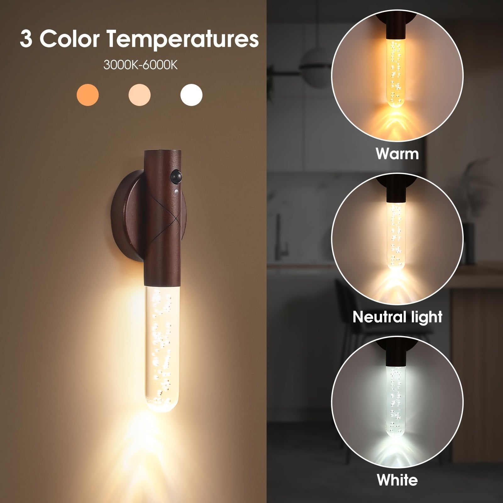 2 Piezas de Aplique con Sensor de Movimiento Recargable, Luces LED Portátiles Magnéticas para Escaleras y Dormitorio, Alimentadas por Batería, Color Marrón Oscuro, Iluminación Cálida Blanca
