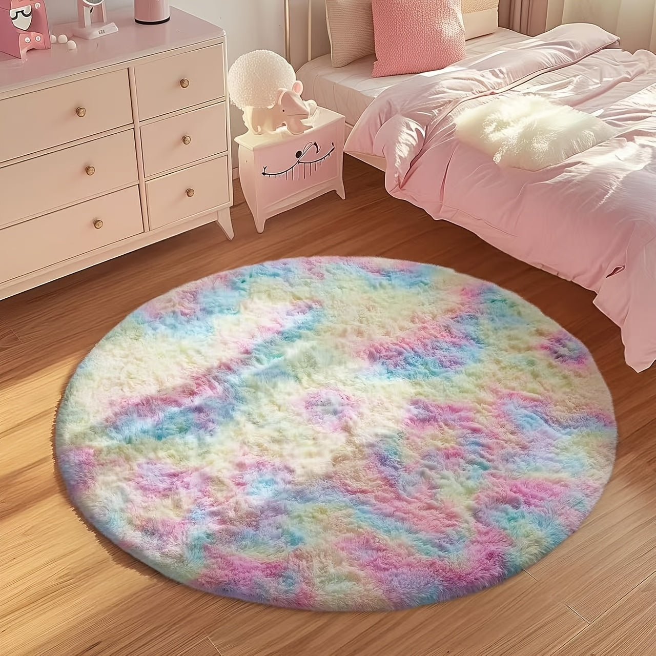 Alfombra suave de felpa arcoíris, moderna y lujosa, para sala y dormitorio, decoración del hogar, redonda, lavable a máquina, poliéster, decoración de dormitorio, acento vibrante para la habitación