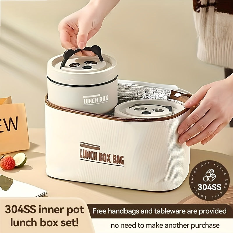 Conjunto de almuerzo de acero inoxidable 5 en 1 de LDQ con cajas de bento seguras para microondas y bolsa de transporte - Diseño lindo de panda, aislado y hermético, perfecto para la escuela, el trabajo y los viajes, caja de almuerzo, regreso a la escuela