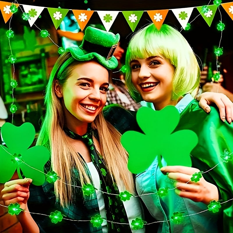 1 juego de luces LED verdes en forma de trébol de cuatro hojas para el Día de San Patricio, adecuadas para carnaval irlandés, fiestas, dormitorio, Día de la Madre, días festivos, decoración interior con cuerdas luminosas, alimentado por caja de baterías,