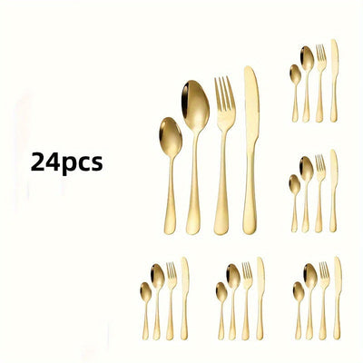 24 piezas de cubertería de acero inoxidable dorado, kit de cubiertos con tenedores, cuchillos, cucharas para hogar, restaurante, apartamento - Utensilios de cocina versátiles para Navidad, Halloween, Pascua, Janucá, Acción de Gracias