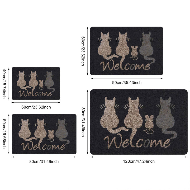 1 pieza de alfombrilla de bienvenida con tema de gatos, poliéster franela + base de esponja de 1 cm, diseño minimalista retro con múltiples siluetas de gatos, ligero, hecho a máquina, ideal para sala de estar, baño, lavandería, decoración de cocina - Per