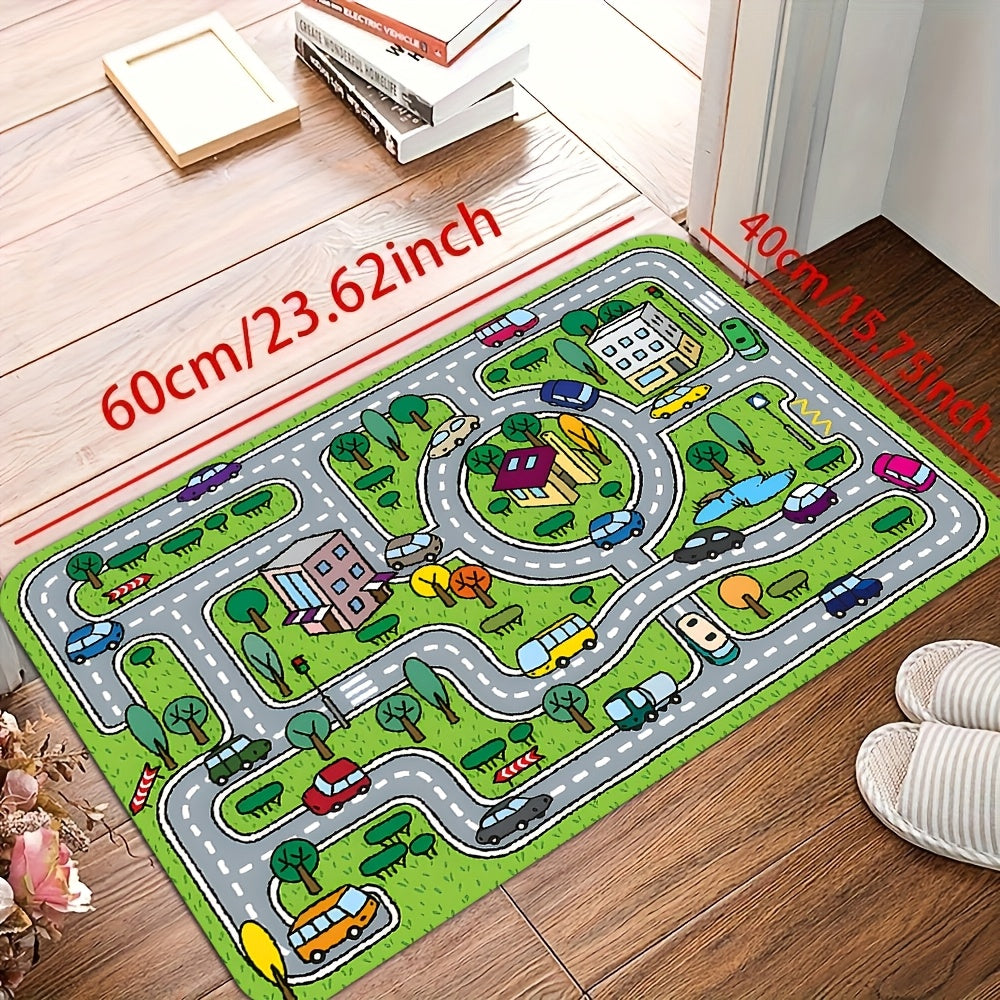 1 pieza de alfombrilla de juego temática de dibujos animados - Poliéster duradero y resistente a la decoloración, tamaño grande, diseño de bloques de carreteras y edificios coloridos para decoración de habitaciones de juego, salas de estar o dormitorios,