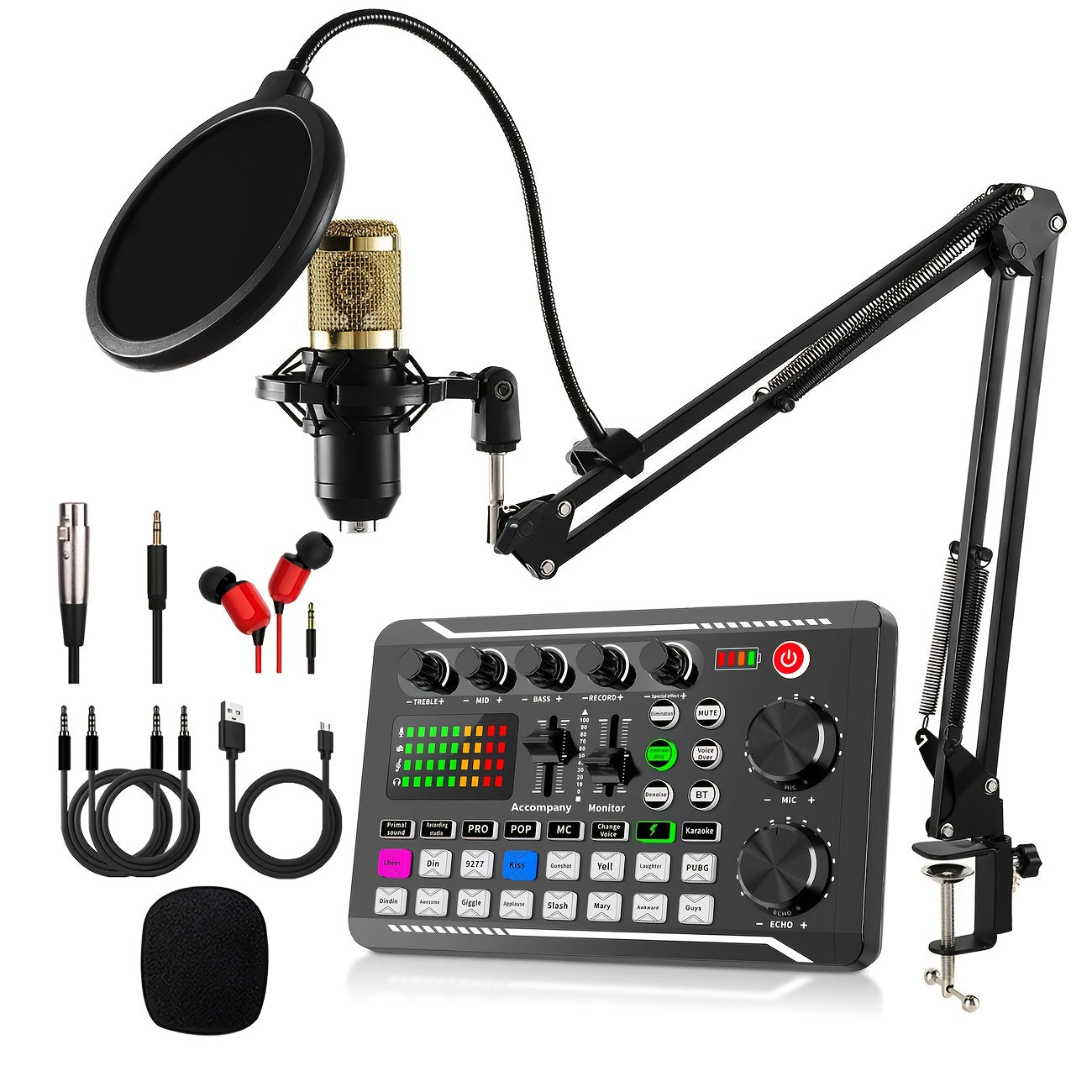 Set profesional de mezcladora de audio F998, estudio de podcast integrado, incluye micrófono condensador de alta calidad con soporte, alimentación dual USB/batería, compatible con PC, laptop y smartphone para grabación de juegos, transmisión en vivo y ex