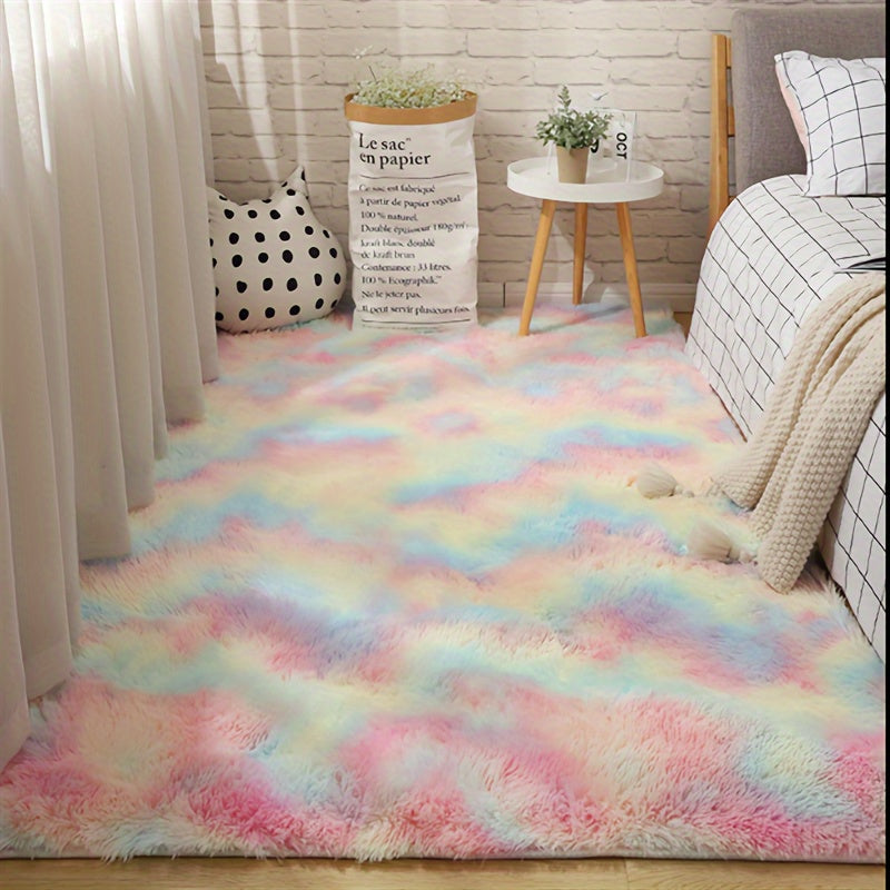 Alfombra de felpa lujosa con diseño tie-dye arcoíris - 100% poliéster, solo lavado a mano | Suave y acogedora para dormitorio y sala, colores pastel, ideal para decoración del hogar y comodidad, tapetes para sala