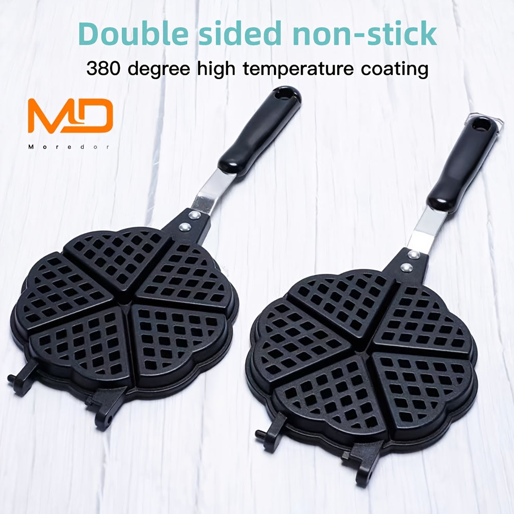 MOREDOR 1 Pieza Sartén de Gofres Doble Cara en Forma de Corazón de 6 Pulgadas - Antiadherente, Hierro Removible con Calentamiento Uniforme y Mango Largo para Waffles Belga, Panqueques y Sandwiches - Compatible con Estufas de Gas, Utensilio de Cocina Dura