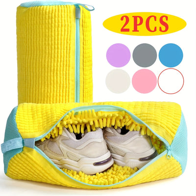 Juego de 2 bolsas lavadoras reutilizables para tenis, resistentes a roturas, evitan enredos, bolsas de lavandería de poliéster de alta calidad para lavadora y secadora, color amarillo brillante con detalles en azul, fácil almacenamiento