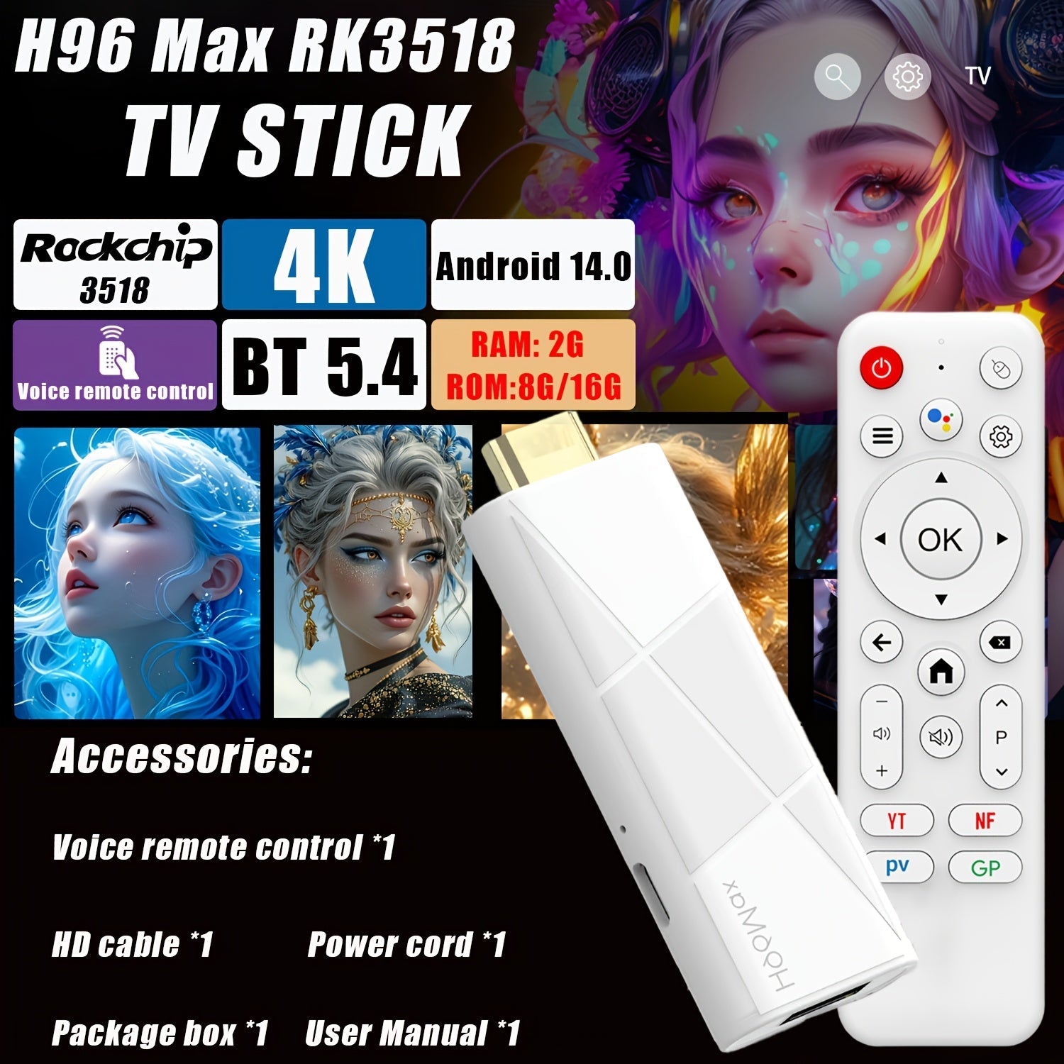 TV Stick H96 MAX RK3518 Quad Core ARM Cortex-A53 Android 14.0, Salida Ultra HD 4K, 2GB/8GB/16GB RAM, Doble WiFi (2.4G/5G), Asistente de Voz Google, USB 2.0, Reproductor Multimedia Inteligente, Diseño Minimalista, Construcción Robusta, Mini TV, HDTV
