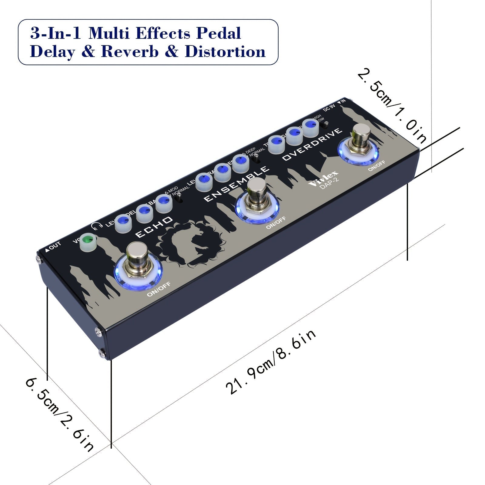 Pedal de Guitarra Multi Efectos, con Eco y Overdrive 3 en 1 Serie Digital Mingle para Guitarras Eléctricas