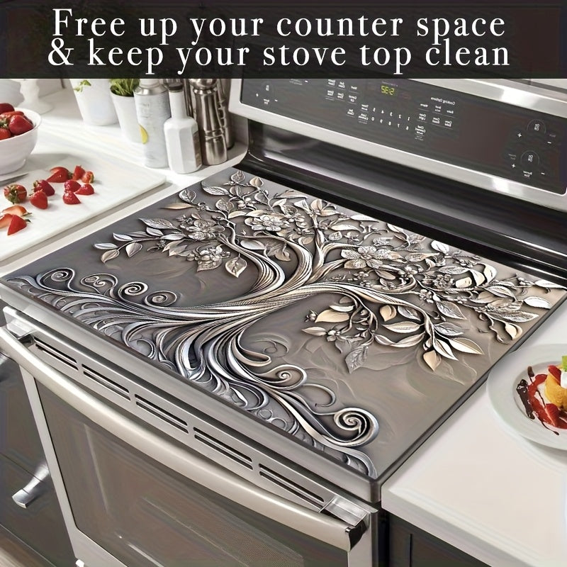1 pieza de guardavidas de horno con diseño de árbol de plata elegante - Resistente al calor, antideslizante, sin rayones, fácil de limpiar, 28,3 x 20,4 pulgadas, perfecto para cocina, lavadora, secadora y protección de panel de horno, decoración de cocin
