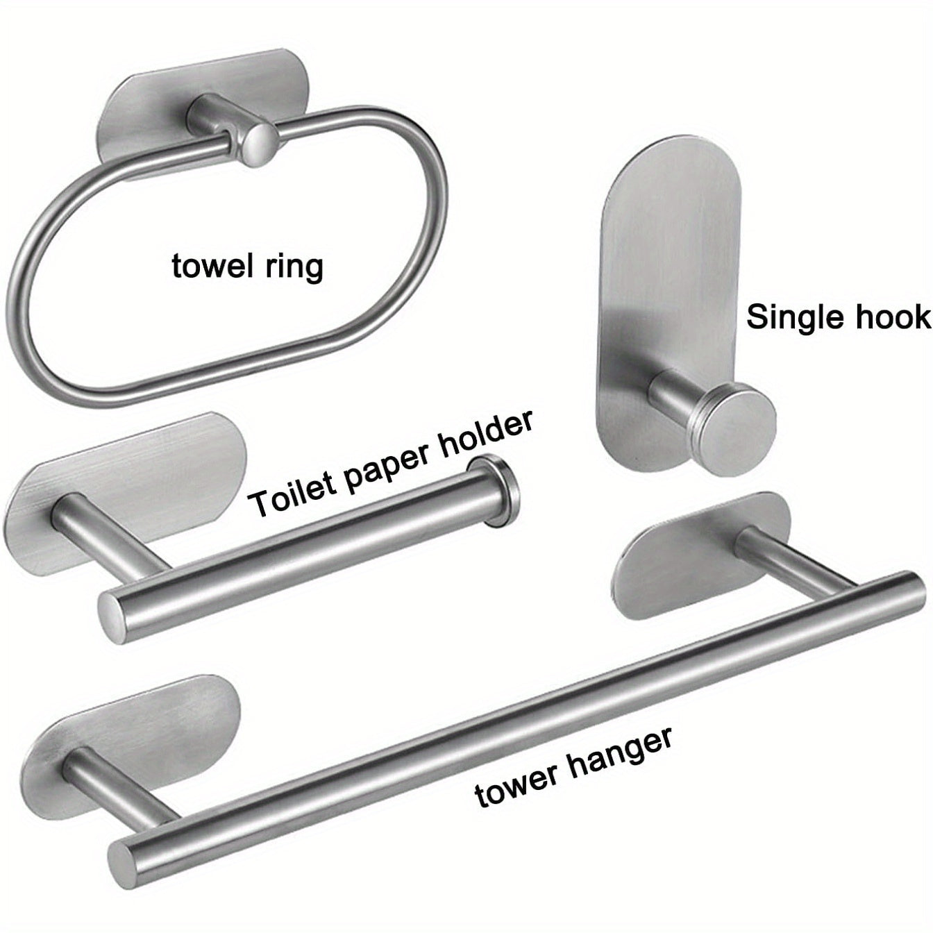 Juego de 4 piezas de accesorios para baño de acero inoxidable, portarrollos de papel higiénico y toallero montados en la pared, resistentes al óxido, sin necesidad de taladrar, fácil instalación, diseño moderno y elegante para baños contemporáneos