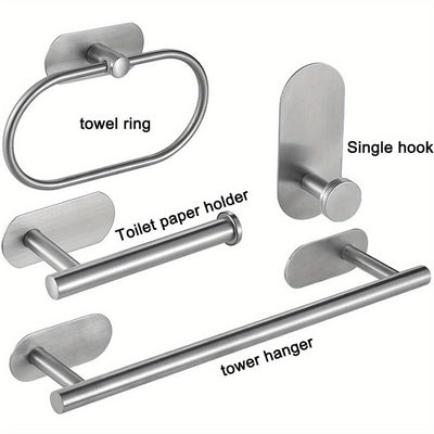 Juego de 4 piezas de accesorios para baño de acero inoxidable, portarrollos de papel higiénico y toallero montados en la pared, resistentes al óxido, sin necesidad de taladrar, fácil instalación, diseño moderno y elegante para baños contemporáneos
