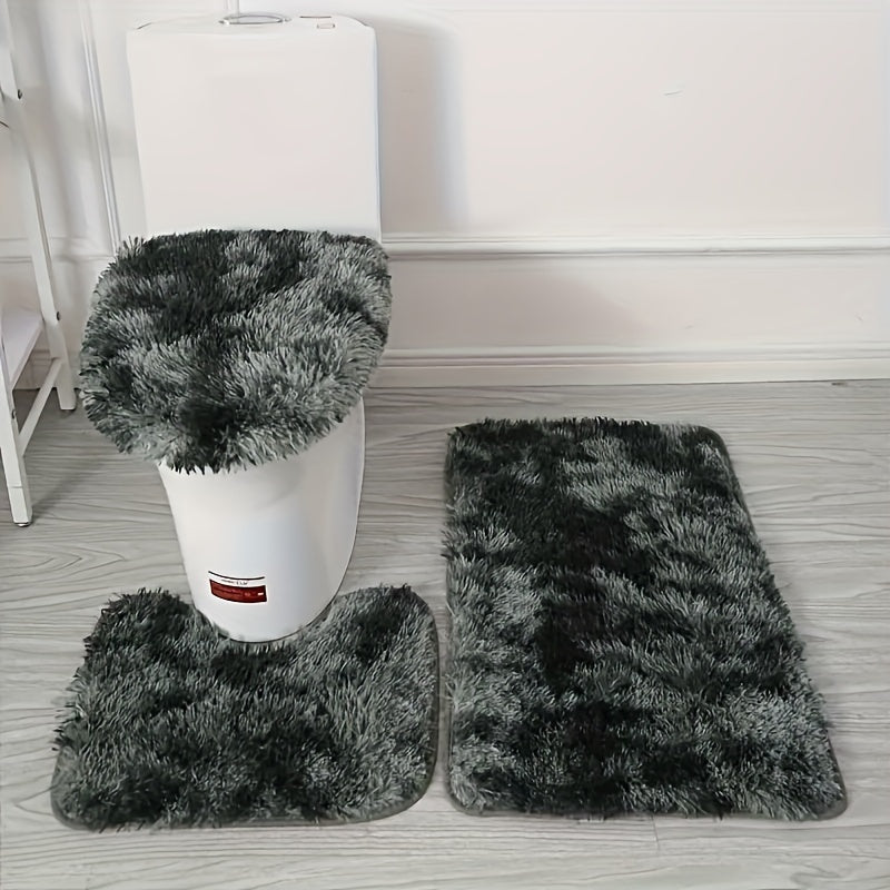 Juego de 3 Alfombras Antideslizantes para Baño - Incluye Tapete para Inodoro en Forma de U, Cubierta para Tapa y Cortina Decorativa para Ducha