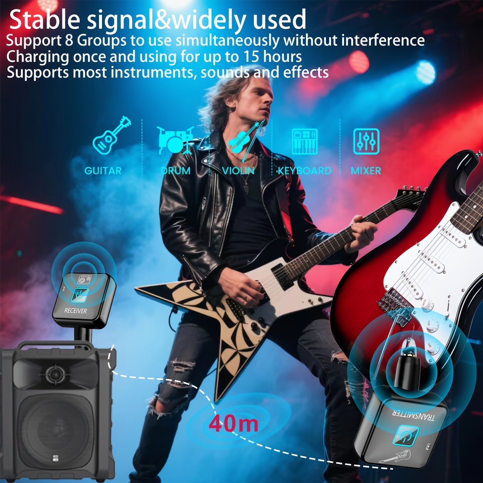 Transmisor Receptor sin varillas para Guitarra Recargable con 4 Canales de Señal para Instrumentos Eléctricos y Bajo
