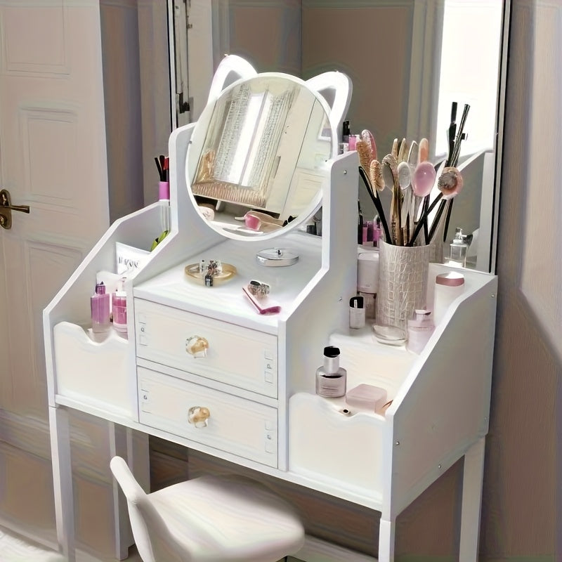 1 pieza de tocador moderno blanco con espejo redondo y bandeja giratoria de dos niveles - Ideal para dormitorio y artículos de viaje, estación de maquillaje multifuncional con cajón y estantes abiertos, tocador de viaje | Diseño moderno de tocador | Dise