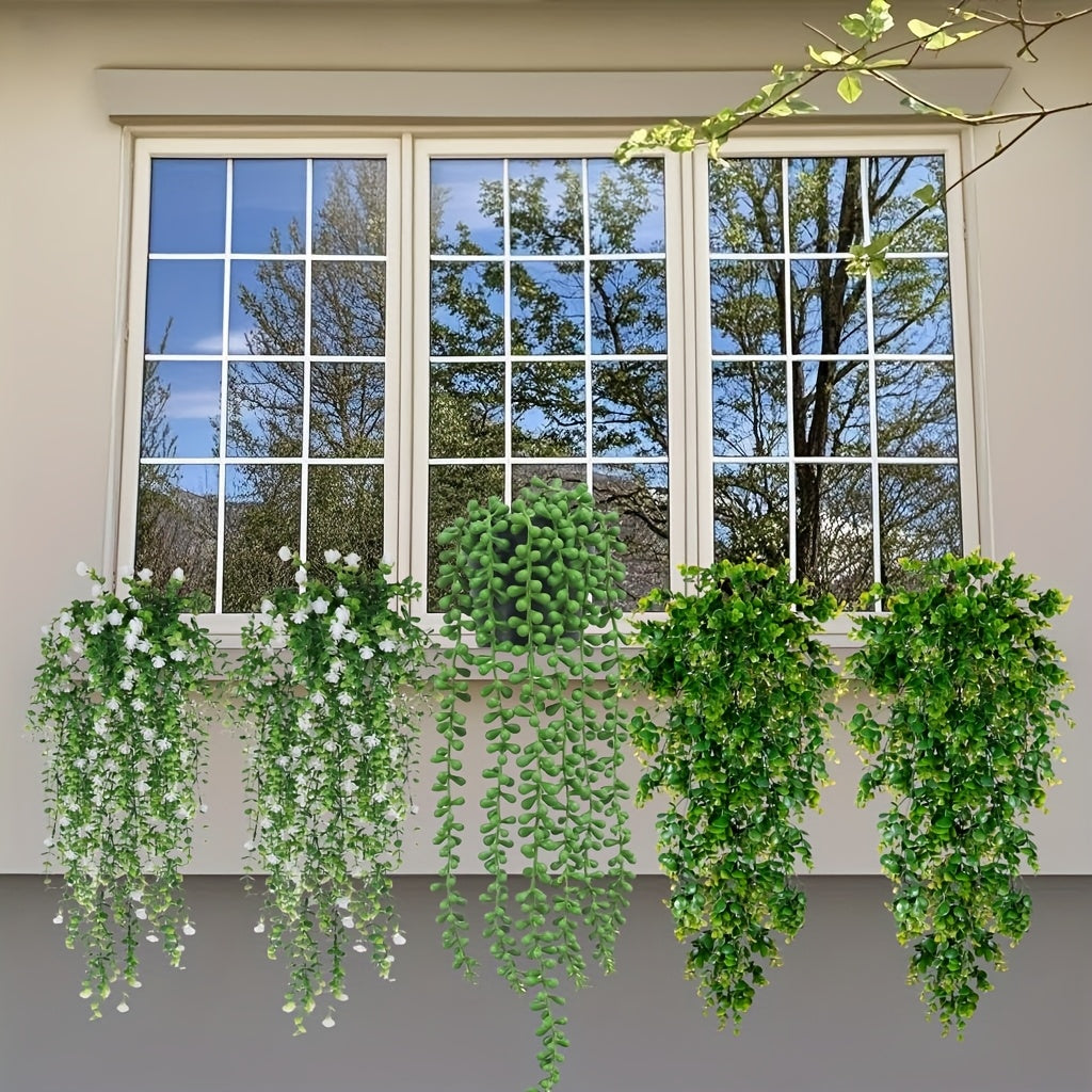 Juego de 5 Piezas de Plantas Artificiales Verdes Realistas Resistentes a los Rayos UV con Enredaderas, Ideales para Macetas Colgantes en Jardines Exteriores, Flores Decorativas, Bodas, Acción de Gracias, Halloween, Navidad y Decoración del Hogar Interior